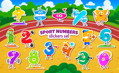 Naklejka premium Cartoon math numbers and digits characters stickers pack. Cute vector educational digit personages engaged in sports activities like yoga, weightlifting, boxing, volleyball, and basketball games