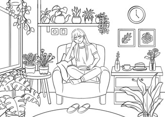 coloring page girl reading book