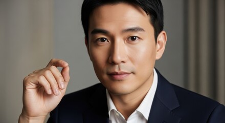 Professional Asian businessman in formal attire looking confidently at the camera with a subtle