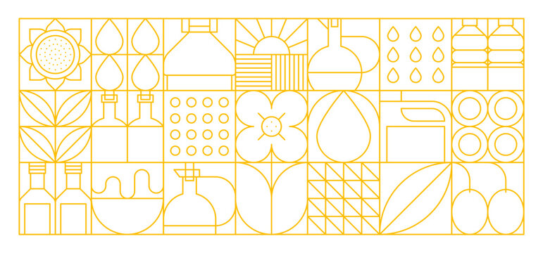 Olive rapeseed and sunflower oil modern geometric pattern. Vector line art icons of bottles, droplets, leaves, seeds, flowers and farming items in a grid layout with a minimal yellow outline on white
