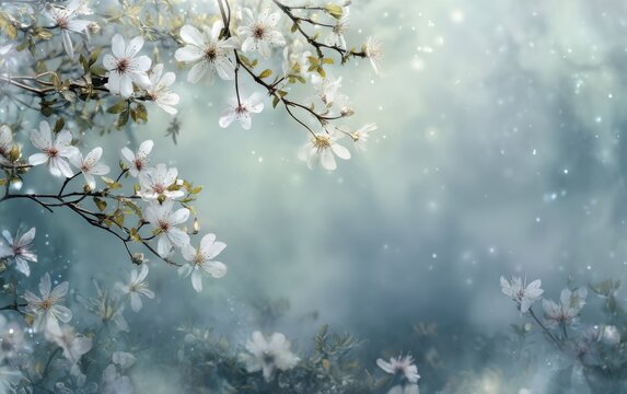 Delicate white cherry blossoms on branches with soft bokeh and light particles white flowers spring