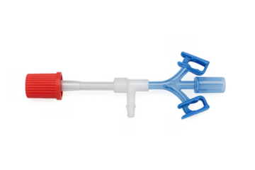 Plastic medical connector with red cap and blue clamp