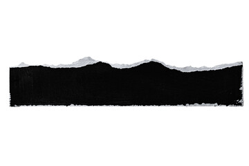 A black torn paper strip with jagged edges isolated on a solid black background space