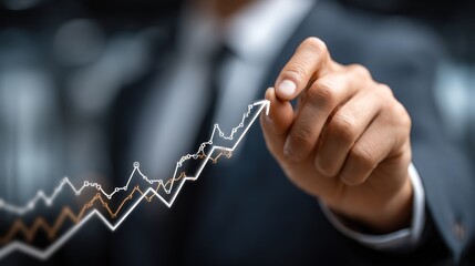 A hand points to a rising graph, showcasing growth and progress in a business setting.