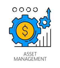 Investment asset management, business color line icon or label. Capital fund lineart vector sign, investment asset management icon. Investor startup pictogram with cogwheel and infographics diagram