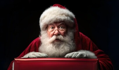 Photo of a charismatic elderly Santa placing both hands on a gift in red wrapping, isolated on a red background