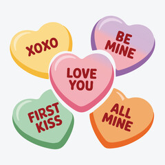 valentines day Candy heart sayings sweethearts sweets sugar food message of love on seasonal holiday, hugs and kisses, be mine, valentine design clip art, pastel bundle set