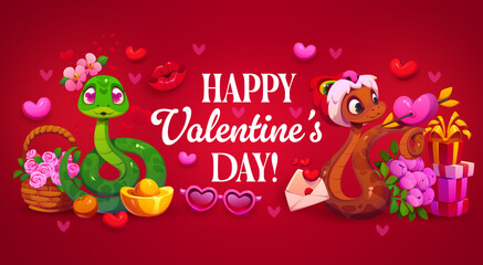Naklejka premium Happy Valentines day greeting card or banner. Love celebration vector flyer, romantic party greeting card. Saint Valentine day poster with snakes funny cartoon characters, gift boxes and flowers