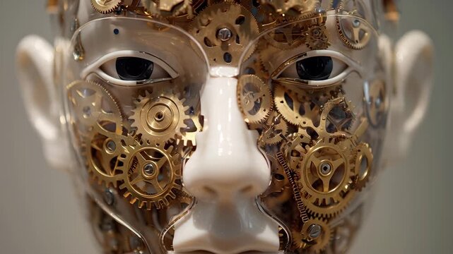 Intricate Clockwork Gears Turning Inside a Transparent Humanoid Head in Extreme Closeup