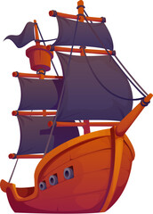 Fototapeta premium Cartoon pirate battle ship with black sails. Piracy and nautical sailing vessel, corsair marine cartoon isolated vector caravel. Pirate treasure hunting or filibuster nautical sail ship with cannons