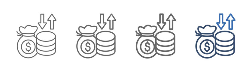 
outline icon set income with money bag, coins and up down arrow design
