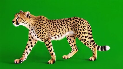 A cheetah walking across a green screen in a studio setting with a focused and determined look cheetah green screen video - Powered by Adobe