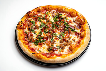 Delicious homemade pizza topped with savory meat and fresh basil, perfect for sharing with friends and family, a culinary delight for any occasion