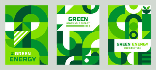 Green energy posters with geometric Bauhaus pattern. Clean and green energy production company vector banner with Bauhaus abstract shapes. Renewable electricity power source flyer or graphic poster