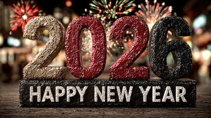 Red glitter numbers 2026 with Happy New Year text and festive decorations on dark background