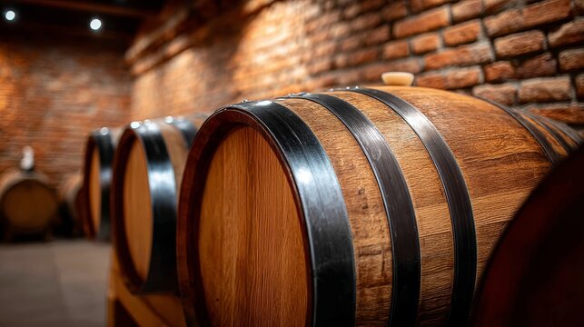 Oak wine barrels aging in a traditional cellar, showcasing the winemaking process - Powered by Adobe
