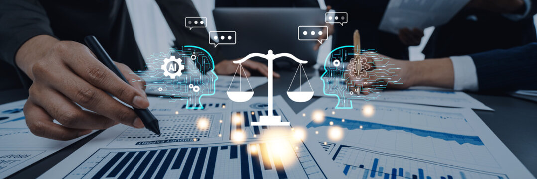 A business team analyzes graphs and charts in a modern office setting, showcasing collaboration with digital service icons and a law symbol for strategic decision-making. Trope