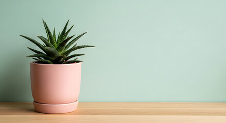 Minimalist Succulent Plant in Pink Pot on Wooden Table with Mint Green Background