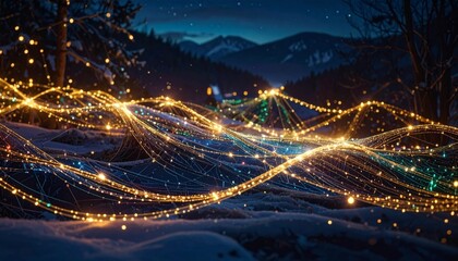 Abstract Glowing Light Network in Snowy Winter Landscape at Night with Mountains