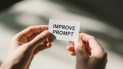 Hands hold card with text IMPROVE PROMPT showcasing power of intelligent suggestions to creativity in developer workspace for improved productivity and innovative solutions