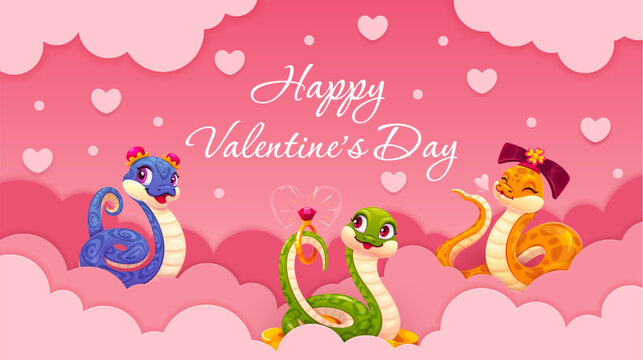 Happy Valentines day paper cut banner with cheerful snakes on pink clouds. Love holiday vector banner, St Valentine papercut greeting card with snake girly characters and handwritten typography