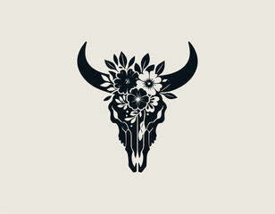 Intricate black vector silhouette of a strong bull skull with majestic horns beautifully decorated with detailed blossoms, leaves, and berries. Boho floral nature concept