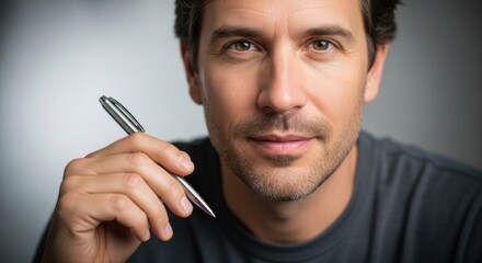 Confident man holding a pen with a subtle smile and focused gaze