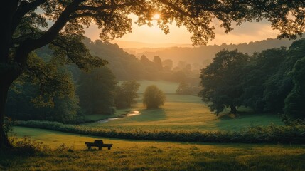 Fototapeta premium Peaceful valley vista at sunrise, lush trees, tranquil scene