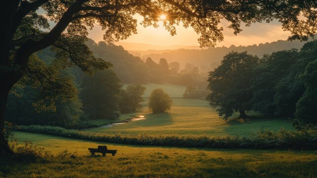 Peaceful valley vista at sunrise, lush trees, tranquil scene