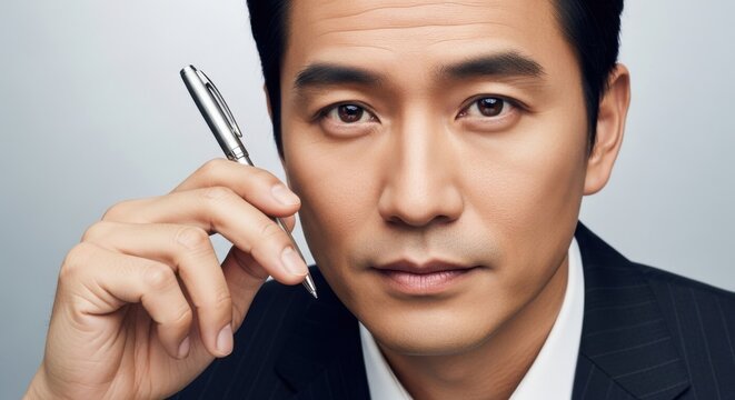 Close-up portrait of a confident Asian businessman with a pen in a professional setting - Powered by Adobe