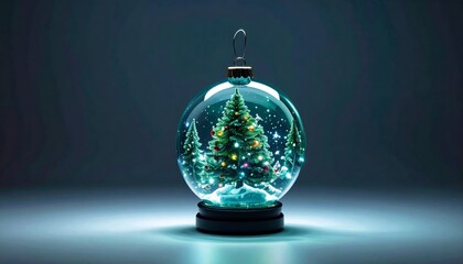Christmas Tree Snow Globe with Lights and Snowflakes on a Dark Background