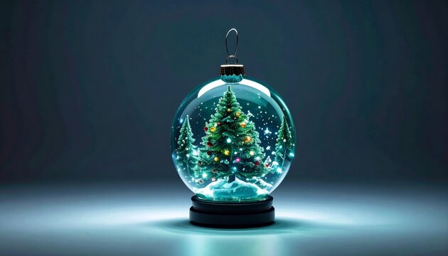Christmas Tree Snow Globe with Lights and Snowflakes on a Dark Background