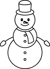A simple line drawing of a cheerful snowman wearing a hat and having three buttons down its body isolated on white background.