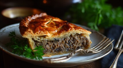 Slice of traditional meat pie tourtiere on rustic wooden table with flaky golden crust and savory filling, classic quebec comfort food served warm for holiday meals and homemade culinary presentations