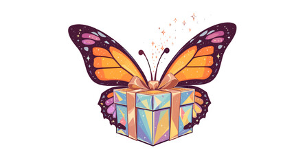 A whimsical butterfly adorned with sparkling dust rests atop a beautifully wrapped gift box, evoking a sense of wonder and celebration