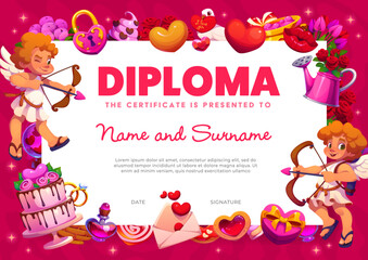 Fototapeta premium Valentines Day diploma or love certificate with vector background frame of cartoon cherub Cupids and romantic holiday gifts. Valentines Day achievement diploma with Cupid angels, hearts and arrows