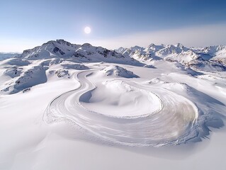A scenic, winding road carved through a vast, snow-covered mountain landscape. The sun shines brightly in a clear blue sky, casting subtle shadows and highlight