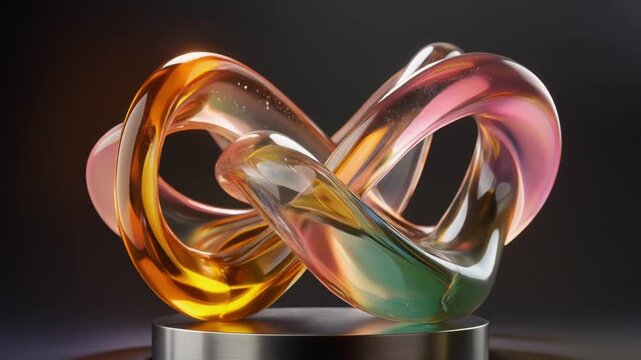 A futuristic iridescent glass infinity symbol sculpture displayed on a sleek metallic podium against a dark background.