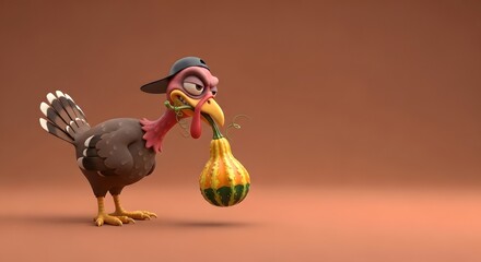 Annoyed Cartoon Turkey in Backward Cap Holding Gourd on Brown Background