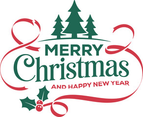Merry christmas and happy new year festive greeting card design with traditional green trees red ribbons and holly
