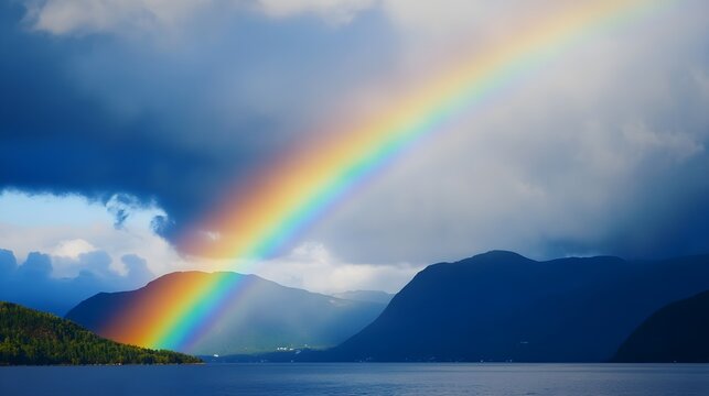 Vibrant rainbow arching over a serene lake with dark mountains and cloudy sky