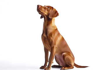 Charming Vizsla dog poses gracefully, its elegant posture and upward gaze creating a heartwarming scene, ideal for pet lovers and lifestyle content creation