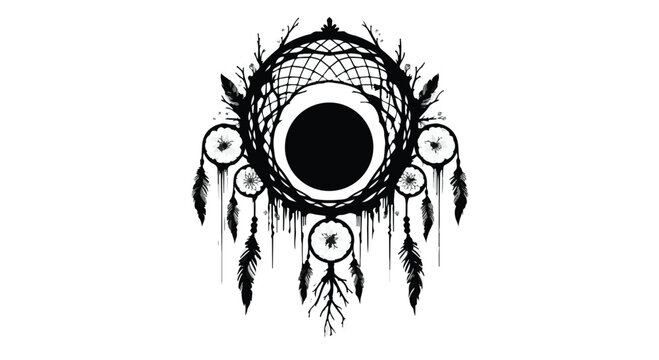 Mystical dreamcatcher with moon and feathers against a stark white background, evoking spiritual protection and dreams.