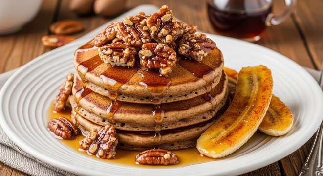 Stack of pancakes with caramelized bananas, walnuts, and maple syrup on a white plate, a delicious and indulgent breakfast treat