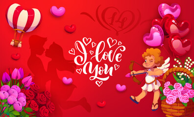 Fototapeta premium Greeting card of Valentines Day holiday with romantic loving couple vector silhouette and cartoon Cupid character aiming bow and arrow. Valentines Day love hearts, balloons and flowers greeting card