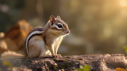 Chipmunk in Forest With Soft Copy Space on the Left