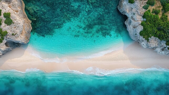 Pristine beach, turquoise water, rocky cliffs