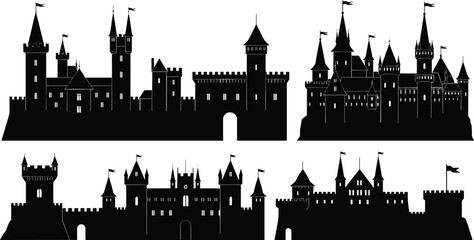 Naklejka premium Collection of black silhouette fantasy medieval castles with flags and towers architecture