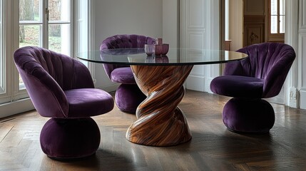 Purple velvet dining set on round bases