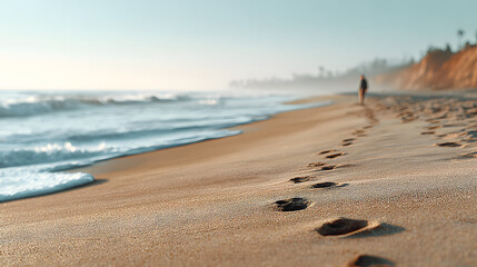 footprints in the sand, leading towards a person walking on a beautiful beach at the shoreline with water waves in a misty and sunny day